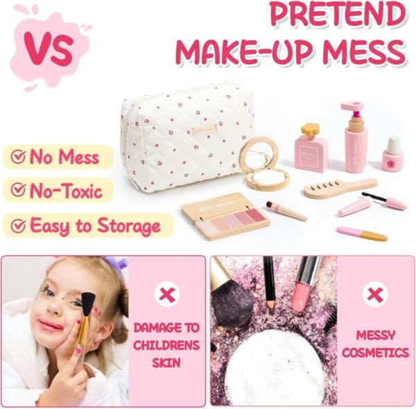 Wooden Makeup Toy Set for Girls Pretend Play Makeup Kit for Toddlers 3-5 with Eyeshadow/ Mascara/ Perfume/ Blush/ Mirror/ Bag, Birthday Gifts for Girls Toys Kids Aged 3 4 5 6 7 8