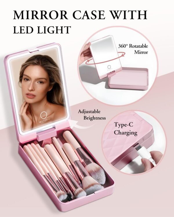 71YxE3cMdML._SL1500_.jpg Makeup Brushes with Case, 20PCs Travel Makeup Brush Set, Foundation Concealer Blush Eyeshadow Brush Set Contour Powder Eyebrow Eyelash Brush Kit with Led Light Mirror Holder & 2 Powder Puff-Pink