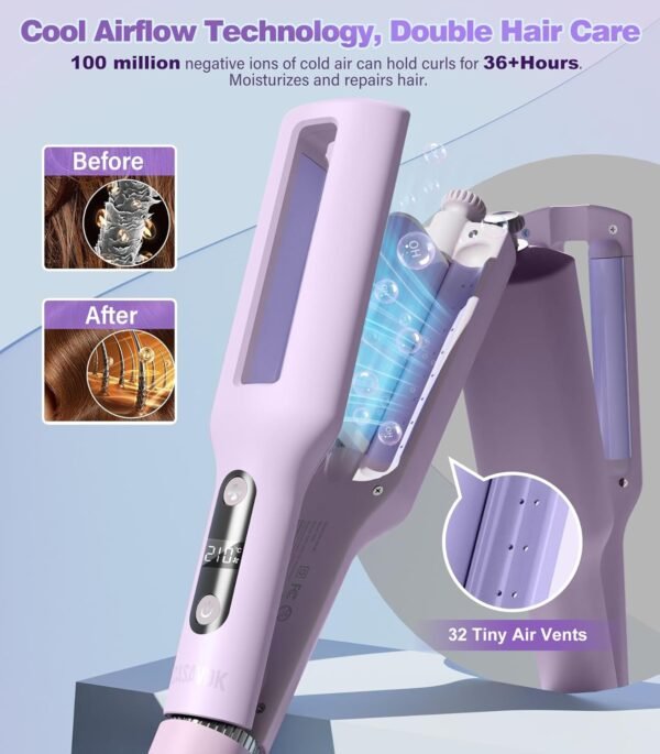 71YzcmINRL._AC_SL1500_.jpg Hair Crimpers and Wavers with Cool Airflow Styling, Beach Waver Curling Iron with 4 Adjustable Curl, Anti-Scald Crimper Hair Tool for Women, 8s Smart Timer, Fast Heating, 100 Million Ions, LCD