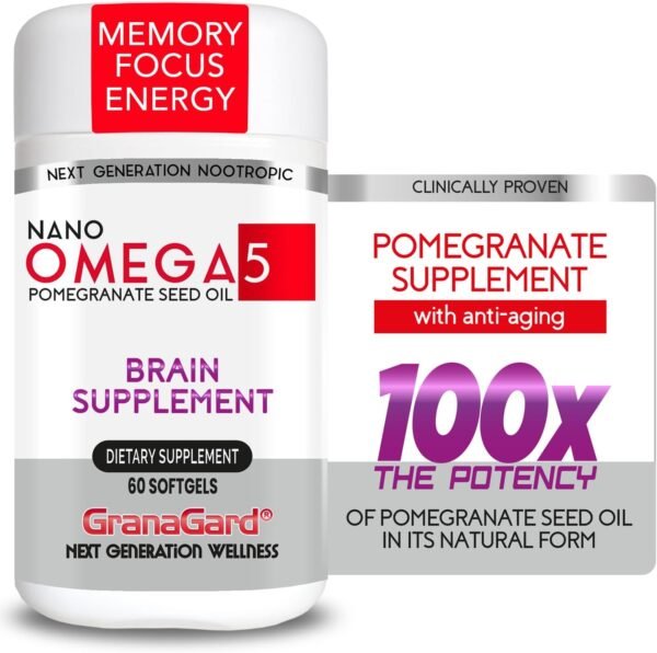 Nano Pomegranate Supplement CLINICALLY Proven Brain Supplement with Anti Aging, Nanotech Delivers 100 Times The Power of Pomegranate Seed Oil in its Natural Form, 1 Bottle 60ct