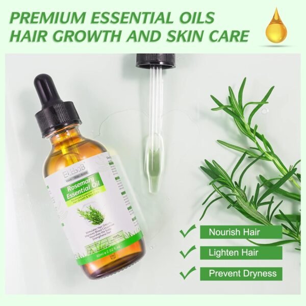 100% Pure Rosemary Essential Oil for Skin Care & Stimulates Hair Growth for Men Women -60ml, Nourishes The Scalp, , Versatile Usage for Eyebrow and Eyelash