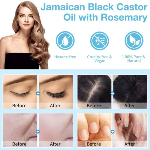 71ZXWP3HhL._SL1500_.jpg Organic Castor Oil, Pure Natural Jamaican Black Castor Oil Infused with Rosemary, Cold Pressed Glass Bottles, Boost Hair Growth for Thicker, Fuller Hair, Eyelashes & Eyebrows 2.02 fl oz