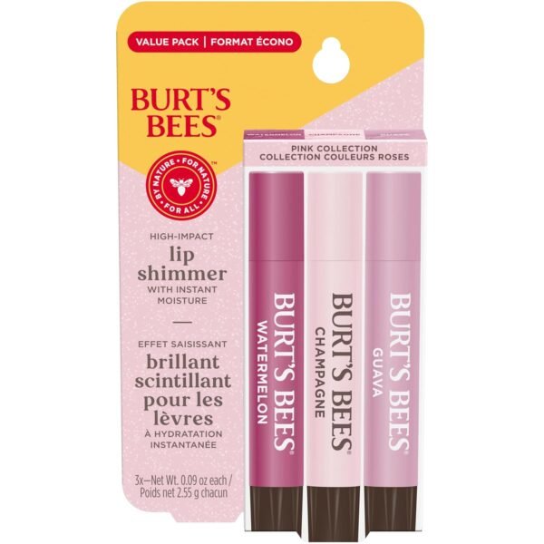 71aGJKCuxxL._SL1500_.jpg Burt's Bees Lip Shimmer Pink Collection, Tinted Lip Balm Stick, Moisturizing for All Day Hydration with Natural Glowy Pigmented Finish & Buildable Color, 3 Shades; Value Pack, 3 Tubes x 0.09 Oz