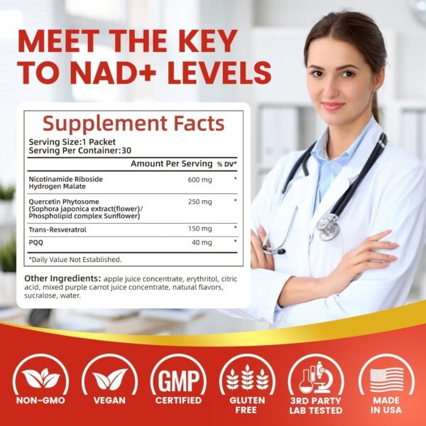NAD Supplement, NAD+ Liquid, 1000mg Enhanced Formula with PQQ, Nicotinamide Riboside & Resveratrol, Advanced Anti-Aging Support for Men & Women, Sustained Energy, Vitality Boost (30 Packets)