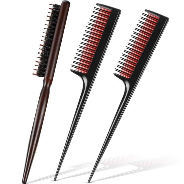 Patelai 3 Pcs Hair Teasing Comb Set Includes 2 Nylon Triple Comb and Boar Bristle Teaser Brushes for Women Stylist Men Backcombing Slicking Curly Thick Wet Hair(Black)