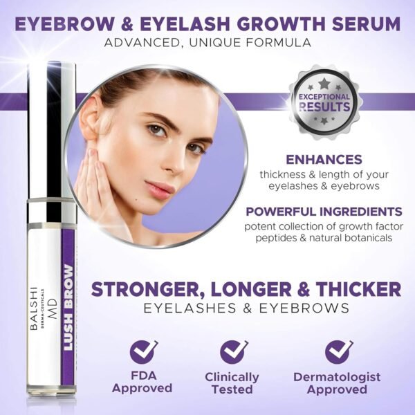 Lush Brow Eyebrow & Eyelash Rapid Growth Serum with Growth Peptides, Dermatologist Developed Eyelash Serum to Grow Lashes, Brow & Lash Enhancing Serum to Grow Fuller Eyelashes & Eyebrows, .16 oz/5ml
