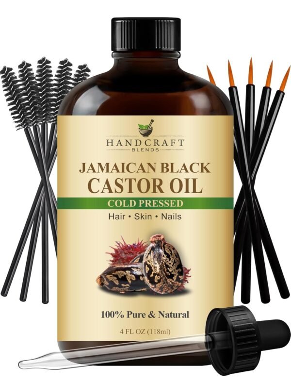 71aRJUO0jHL._SL1500_.jpg Handcraft Blends Cold-Pressed Jamaican Black Castor Oil in Glass Bottle with Lash Brushes - 4 Fl Oz - 100% Pure and Natural - Premium Grade Oil for Hair Growth, Eyelashes and Eyebrows - Hair and Body