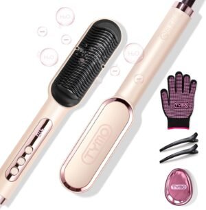 71aRTDLJetL._AC_SL1500_.jpg TYMO Ring Plus Ionic Hair Straightener Brush - Straightening Comb with Negative Ions for Women, Titanium Coating, 9 Temp Settings & LED Display, Dual Voltage, Professional Styling Tools, Gold Blush