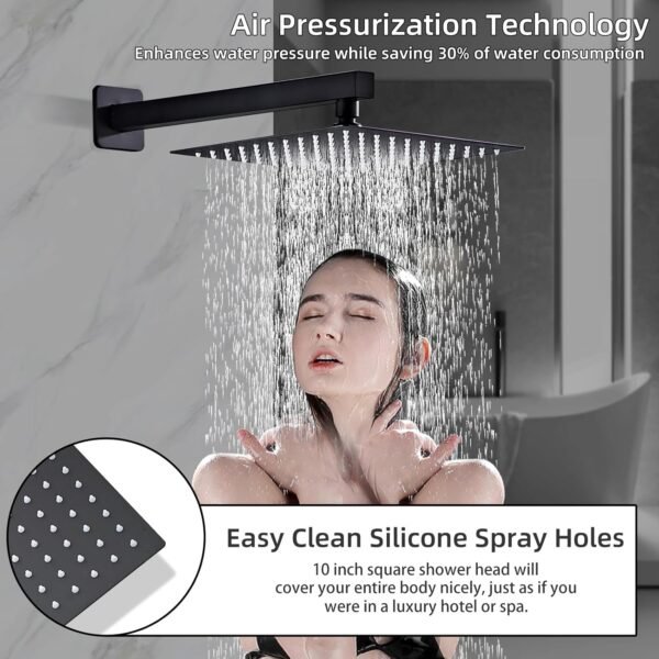 Shower System Black -10 Inch High Pressure Rain Shower Heads with Handheld Spray Combo Shower Faucet Set with Pressure Balanced Rough-in Valve, Wall Mount Bathroom Shower Set fit All Valve Types