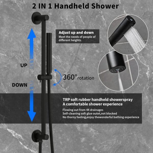 AYIVG Matte Black Dual Shower Heads System with 12 And 8 Inch Rainfall and 2 in 1 Handheld Spray Wand Adjustable Slide Bar Ceiling Mount Shower Faucet Temperature Display Button Shower Set
