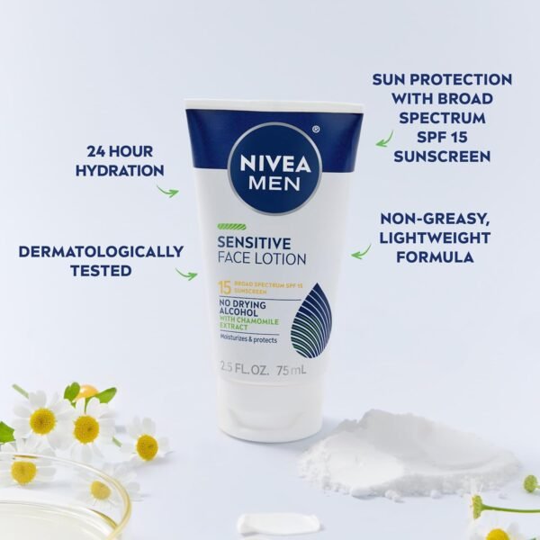 NIVEA MEN Sensitive Face Lotion with SPF 15, Broad Spectrum Sunscreen, 3 Pack of 2.5 Fl Oz Tubes