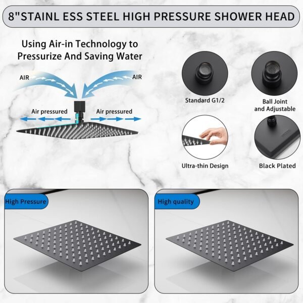 Black Shower Faucet GGStudy Single Function Shower Trim Kit with Rough-in Valve Shower Set Bath Rainfall Shower Faucet System 8inch Square Stainless Steel Metal Shower Head