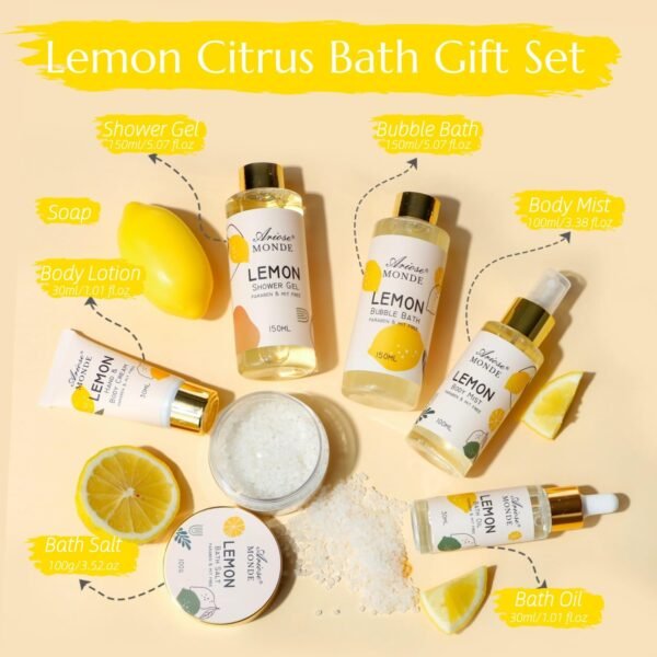 Lemon Scent Bath Spa Gift Box Set for Women - Shower Gel, Bubble Bath, Body Cream, Soap, Salt, Essential Oil