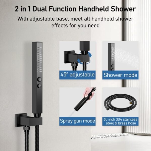 Shower Faucet Sets Shower Systems Matte Black, STARBATH 12+6" Double Rain Shower Head with with 2 in 1 Handheld High Pressure Spray,Ceiling Mount Rainfall 3 Way Shower Valve with 5 Diverter Complete
