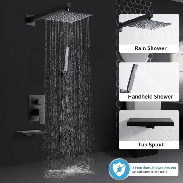 Matte Black Faucet Set Shower Head with Tub Spout and Handle System Square Wall Mount for Bathroom