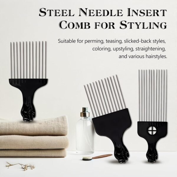 71b8zU5el-L._SL1500_.jpg Stylish 3-Piece Black Metal Afro Hair Pick Set: Stainless Steel Wide-Tooth Combs with Classic Fist Design, Essential for Curly & Afro Hair Care and Styling