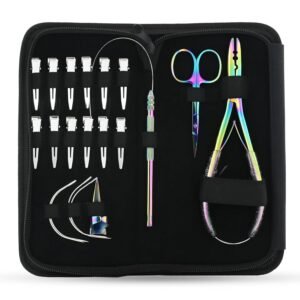 Hair Extension Tools Kit Includes 2 HoleMicro Beads Microlink Crimping Plier, 12pcs Sectioning Clips, Quick Parting Tool, Mini Scissor & C Type Needles, Loop Tool (Rianbow)