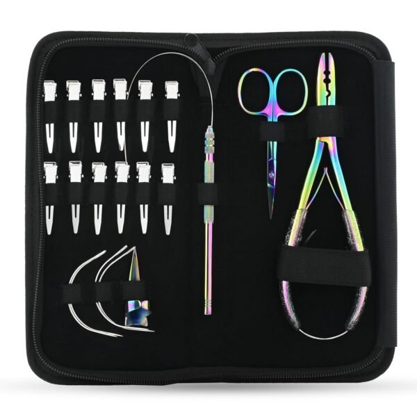 Hair Extension Tools Kit Includes 2 HoleMicro Beads Microlink Crimping Plier, 12pcs Sectioning Clips, Quick Parting Tool, Mini Scissor & C Type Needles, Loop Tool (Rianbow)
