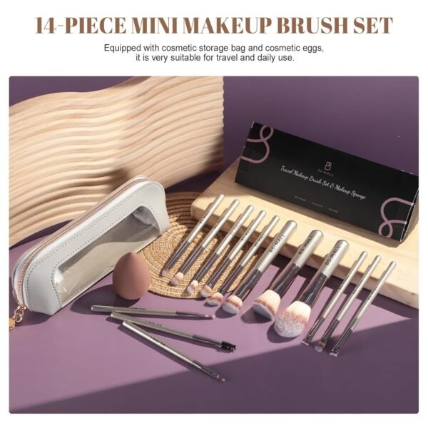 BS-MALL Travel Makeup Brush Set 14 Pcs Premium Synthetic Foundation Powder Concealers Eye shadows Blush Makeup Brushes with Cute Case and Makeup Sponge (A-Champagne)