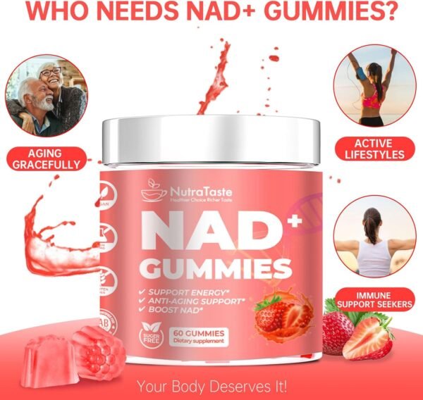 NAD+ Gummies Supplement for Anti-Aging, Energy & Focus Boost | Resveratrol, Nicotinamide Riboside | Strawberry Flavor,Vegan, Sugar-Free, 60 Count (Pack of 2)