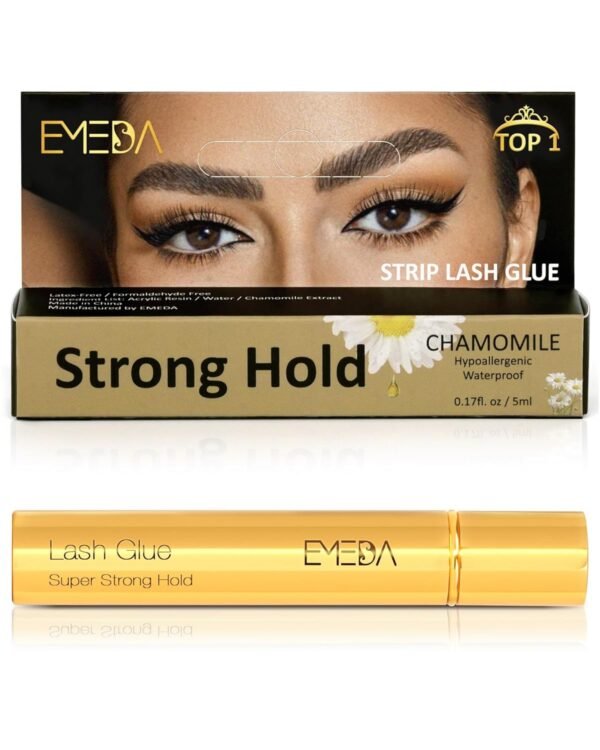 Lash Eyelash Glue Adhesive Waterproof - Chamomile Super Strong Hold Latex Free Hypoallergenic Formaldehyde-Free Strip Eyelash Adhesive 5ml 0.17fl.oz Clear Lash Glue by EMEDA (White)