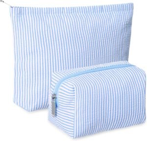 2 Pieces Makeup Bag Set Cute Cosmetic Pouch for Women Seersucker Travel Toiletry Bag Preppy Small Makeup Purse Pouch Aesthetic Skincare Brushes Storage Organizer for Women(Blue)