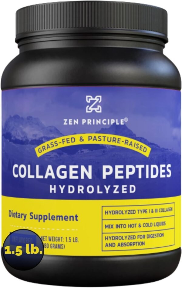 71bXtfa8BzL._AC_SL1500_.jpg Zen Principle Grass-Fed Collagen Peptides 1.5 lb. Anti-Aging Hydrolyzed Protein Powder for Healthy Hair, Skin, Joints & Nails. Paleo and Keto Friendly, GMO and Gluten Free, Pasture-Raised Bovine.