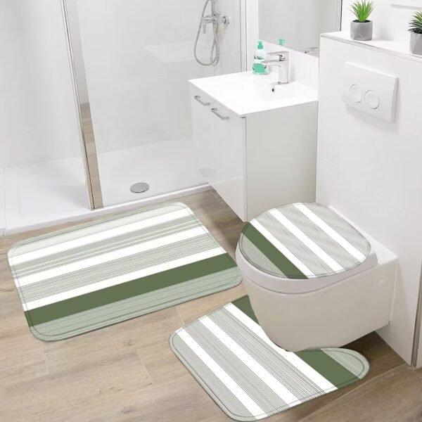 DDQQ 4Pcs Boho Streak Shower Curtain Sets with Rugs Sage Green Stripe Bathroom Sets Shower Curtain with 12 Hooks Bathroom Decor with Rugs Bath Accessories with Mats Toilet Lid Cover