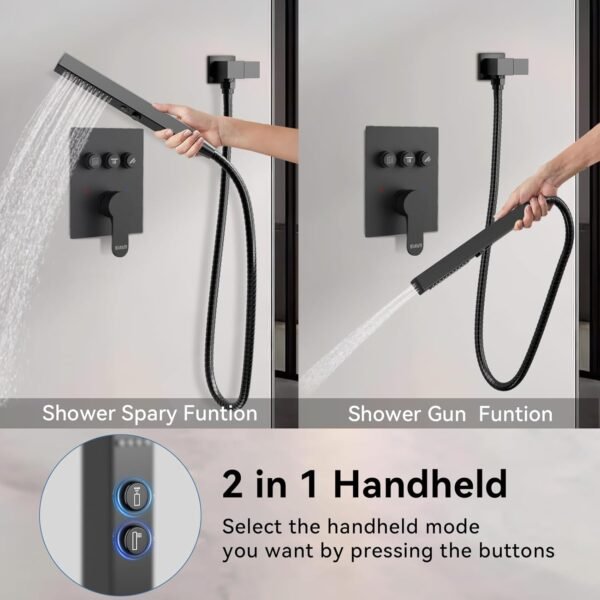 Shower Faucet Set Matte Black Shower System,Ceiling Rainfall Shower and Wall Mount Rain Shower with 2 in 1 Handheld, Simultaneous Use of All Functions, Shower Fixtures with Pressure Balance Valve