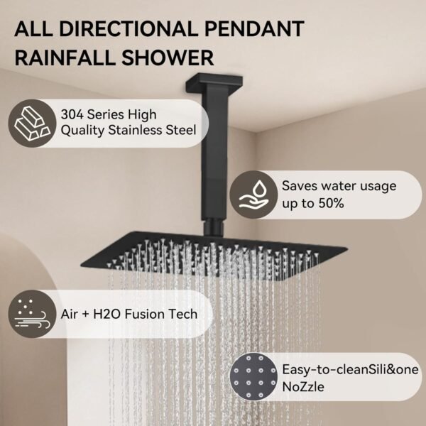 Shower System Matte Black Shower Faucet Set,Bostingner Four Modes Shower Faucet with 2 in 1 Handheld,Ceiling Mount 10 Inch Shower Head with 6 Inch Shower Head, 4Pcs Body Jets With Dual Head Shower Set