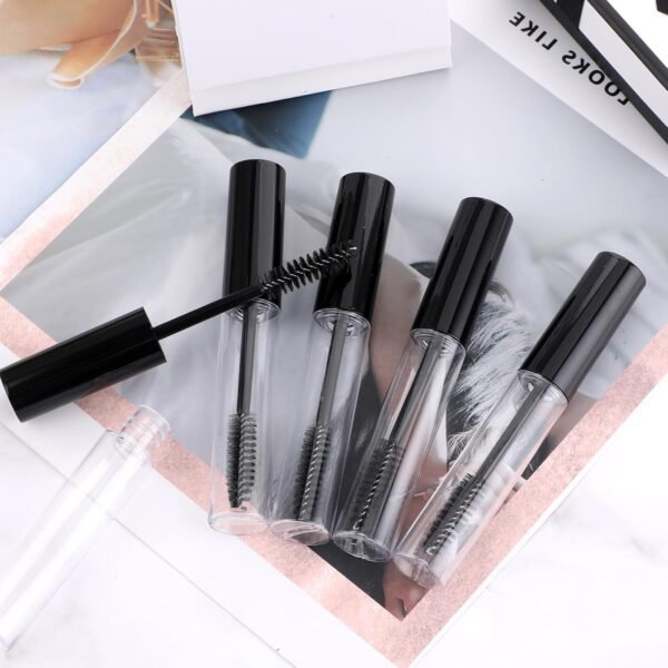 71cDR5JxpL._SL1500_.jpg 5 Pack 10ml Clear Refillable Eyelash Cream Container Empty Mascara Tube with Brush Wand for Castor Oil/Coconut Oil/Eyebrow Growth Serum, 5 Rubber Inserts, Black