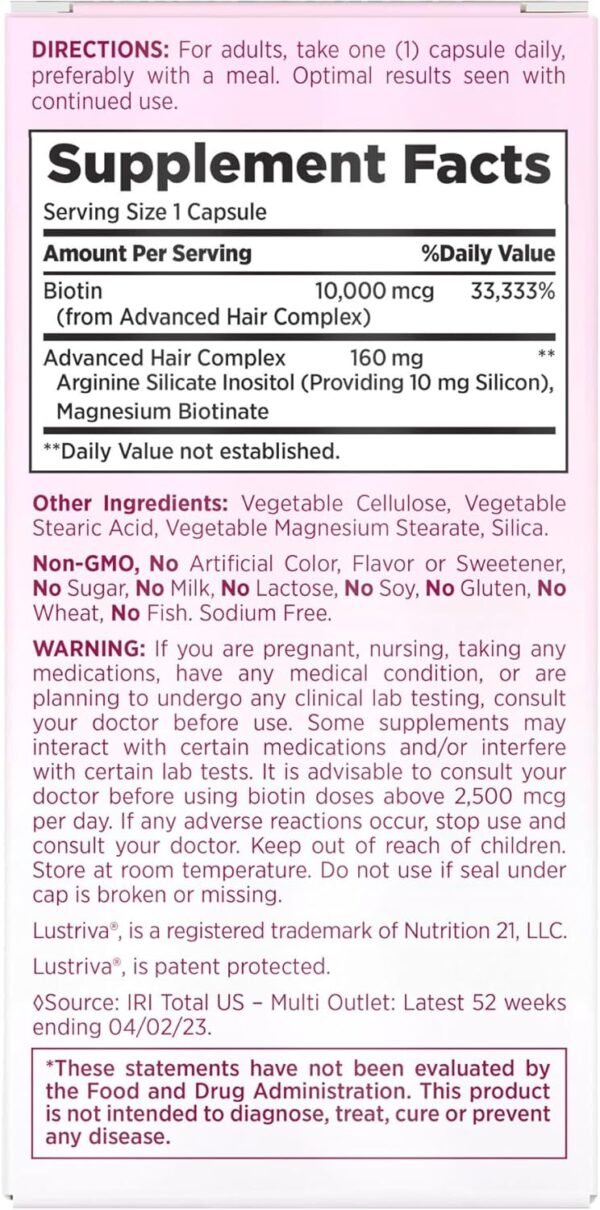 Nature's Bounty Optimal Solutions Hair Growth Supplement with Biotin, Hair Growth Vitamins with Biotin Silicon & Arginine, 1 Per Day, 30 Capsules, One Month Supply