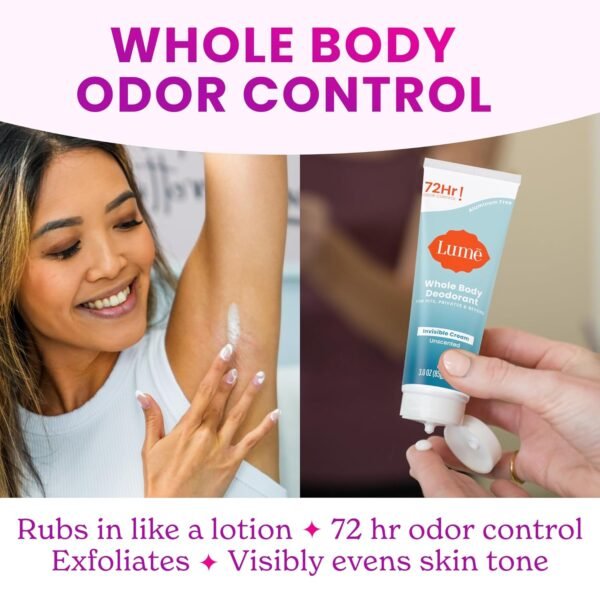 Lume Whole Body Deodorant - Invisible Cream and Solid Unscented - 72 Hour Odor Control - Aluminum & Baking Soda Free, Skin Safe - 3 oz Cream & 2.6 oz Solid Bundle