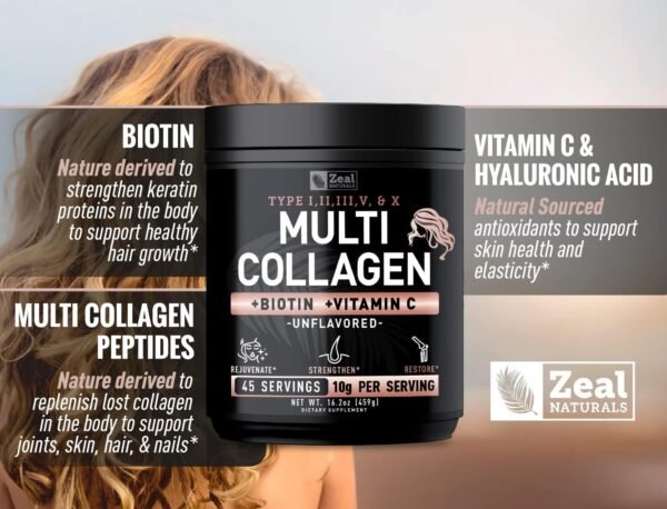 71cIFD3Cm6L._AC_SL1500_.jpg Premium Multi Collagen Peptides Protein Powder (1, 2, 3, 5 & 10) with Vitamin C, Biotin, Hyaluronic Acid, for Hair Skin and Nails - Marine, Bovine, Chicken & Eggshell (Unflavored, 45 Servings)