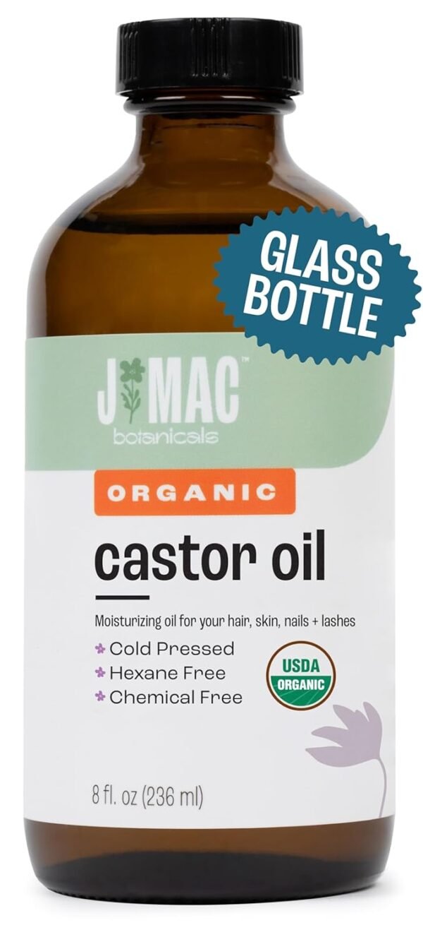 71cKJmNI3rL._SL1500_.jpg J MAC BOTANICALS, Organic Castor Oil Cold Pressed (Glass Bottle, 8 oz) pure unrefined, hexane free for face, skin, eyelashes, pack wraps, pads