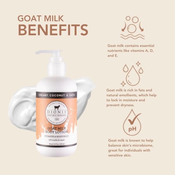 Dionis Goat Milk Hydrating Skincare Cream, Rich & Creamy Daily Moisturizing Coconut & Oats Scented Body Lotion For Dry Skin, Made in the USA, Cruelty-Free & Paraben-Free, 8.5 oz Bottle