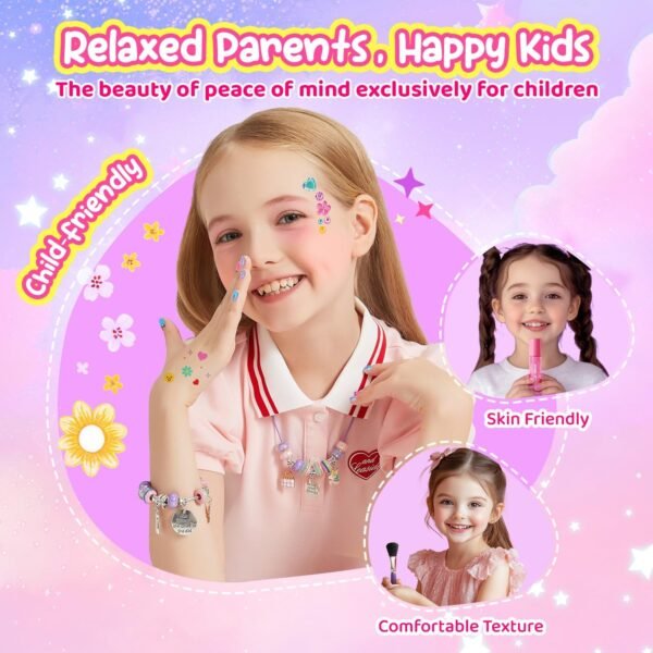 Kids Makeup & Jewelry Kit for Girls - Washable Real Cosmetics Set with Bracelet-Making for Children Toddler, Princess Dress-Up Toy, Ideal Winter Birthday Gift for 4-12 Year Olds (Pink)