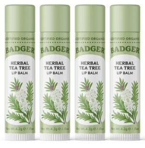 71crRUQrL4L._SL1500_.jpg Badger Tea Tree Classic Lip Balm, 100% Organic Lip Balm, Moisturizing Herbal Lip Care w/Light Silky Texture, Soothing & Refreshing Lip Care for Irritated or Chapped Lips, 4 Pack