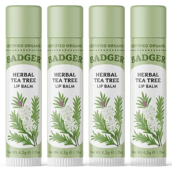 71crRUQrL4L._SL1500_.jpg Badger Tea Tree Classic Lip Balm, 100% Organic Lip Balm, Moisturizing Herbal Lip Care w/Light Silky Texture, Soothing & Refreshing Lip Care for Irritated or Chapped Lips, 4 Pack