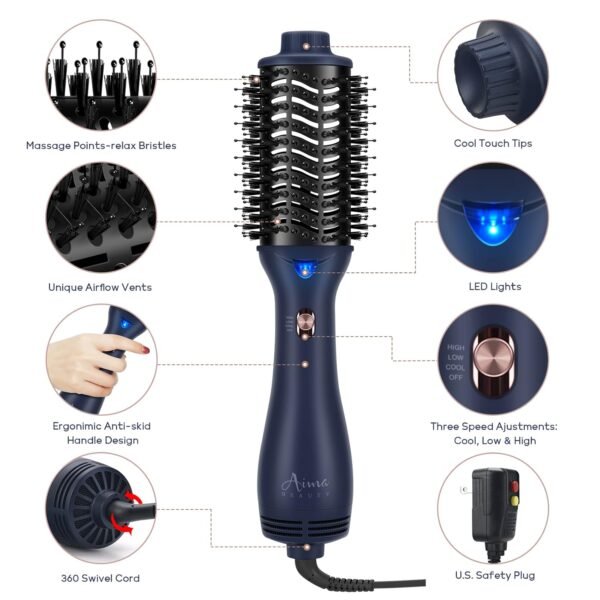 One Step Hair Dryer & Volumizing Brush, Aima Beauty Hair Styling Tool - Ceramic Straightener, Curler, Hot Air Styler & Ionic Salon Brush, Prussian Blue