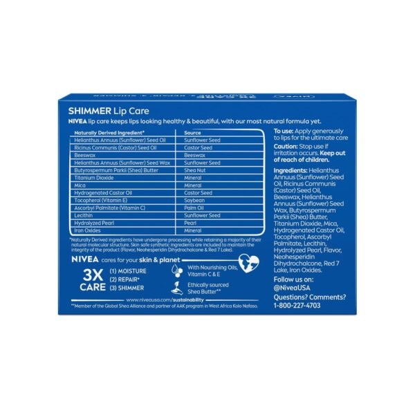 71cud-1iKJL._SL1500_.jpg NIVEA Shimmer Lip Care, Shimmery Lip Balm Pack with Shea Butter, Nourishing Oils and Vitamin C & E, 3-in-1 Moisture, Repair and Shimmer, 0.17 Oz Stick, Pack of 4