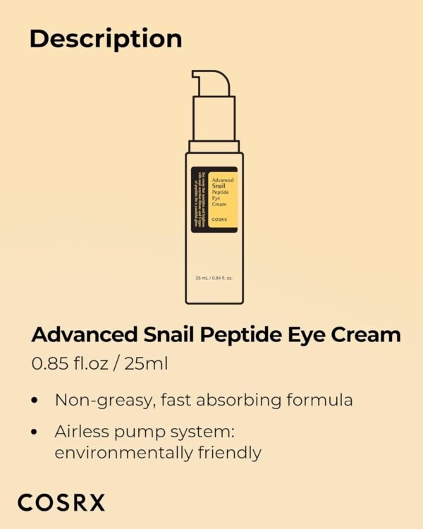 71cuo8JEFmL._SL1500_.jpg COSRX Snail Mucin Peptide Under Eye Cream, 0.84 fl oz, 73.7% Snail Mucin and Niacinamide, Eye Care, Eye Cream Anti Aging, Dark Circles, Korean Skin Care