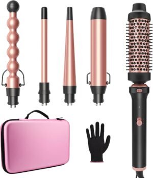 71d4WIm9eSL._AC_SL1500_.jpg GSKY 5 in 1 Curling Iron Set, Hair Curler with Curling Brush and 4 Interchangeable Ceramic Curling Wand(0.5”-1.25”), Fast Heating, Include Suitcase & 2 Clips & Heat Protective Glove