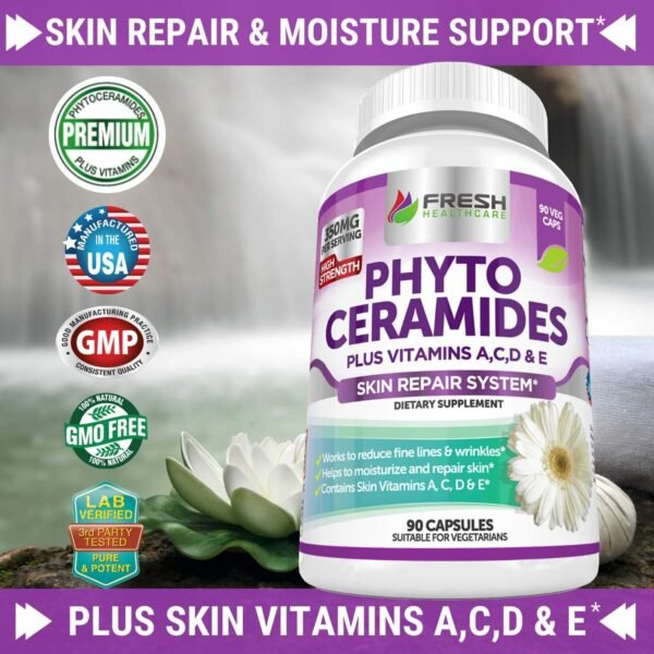 Phytoceramides - 3 Month Supply - Plus Skin Vitamins A,C,D & E for Skin Repair & Rejuvenation - Anti Aging Powerhouse for Reduced Fine Lines & Wrinkles by Fresh Healthcare