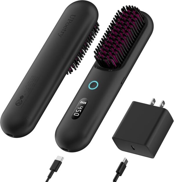 71dUZTSYy9L._AC_SL1500_.jpg Cordless Hair Straightener Brush – Portable Ionic Hot Comb with 65W Fast Charger, Mini Travel Hair Straightening Brush for Women, Lightweight for On-The-Go Styling (Black)
