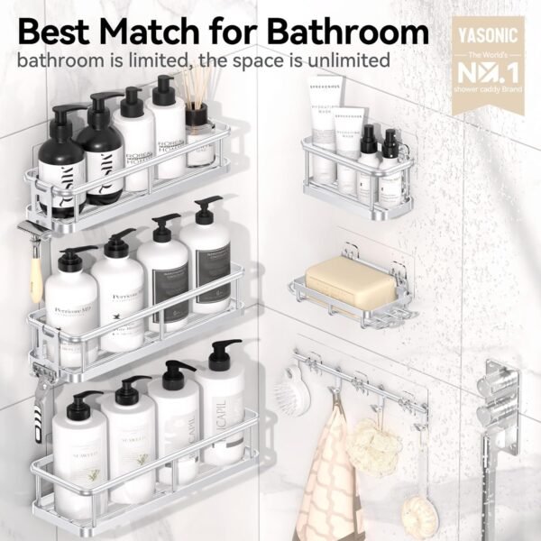 YASONIC Shower Caddy, 6 Pack Large Capacity Bath Organizer with Soap Holder and 12 Hooks, Rustproof bathroom Shelves for Inside Shower, No Drilling&Sleek Bathroom Organizers and Storage Silver