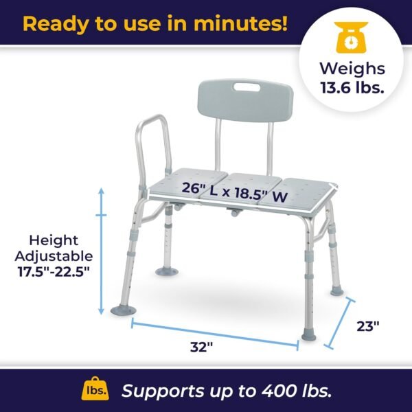 Drive Medical 12011KD-1 Tub Transfer Bench For Bathtub, Height Adjustable Shower Bench with Backrest, Shower Seat Shower Chair Bath Chair for Elderly, Seniors, Arm Support for Transfer, 400 Weight Cap