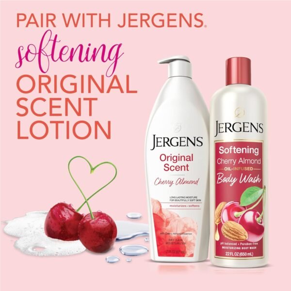 Jergens Softening Cherry Almond Body Wash, Daily Moisturizing Skin Cleanser, Infused with Cherry Almond Oil, pH Balanced, Paraben Free, Dye Free, , Dermatologist Tested, 22 oz (Packaging May Vary)