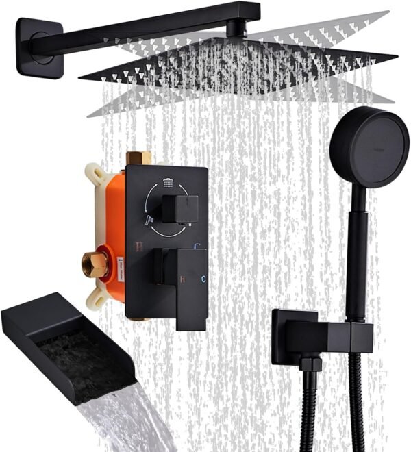 Matte Black Shower Tub Faucet Set, Wall Mounted 8 Inch Shower Heads with Handheld Spray Combo and Tub Shower Faucet, Luxury Bathroom Square Rain Shower System - 4 Hooks