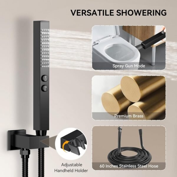 Shower System Matte Black Shower Faucet Set,Bostingner Four Modes Shower Faucet with 2 in 1 Handheld,Ceiling Mount 10 Inch Shower Head with 6 Inch Shower Head, 4Pcs Body Jets With Dual Head Shower Set